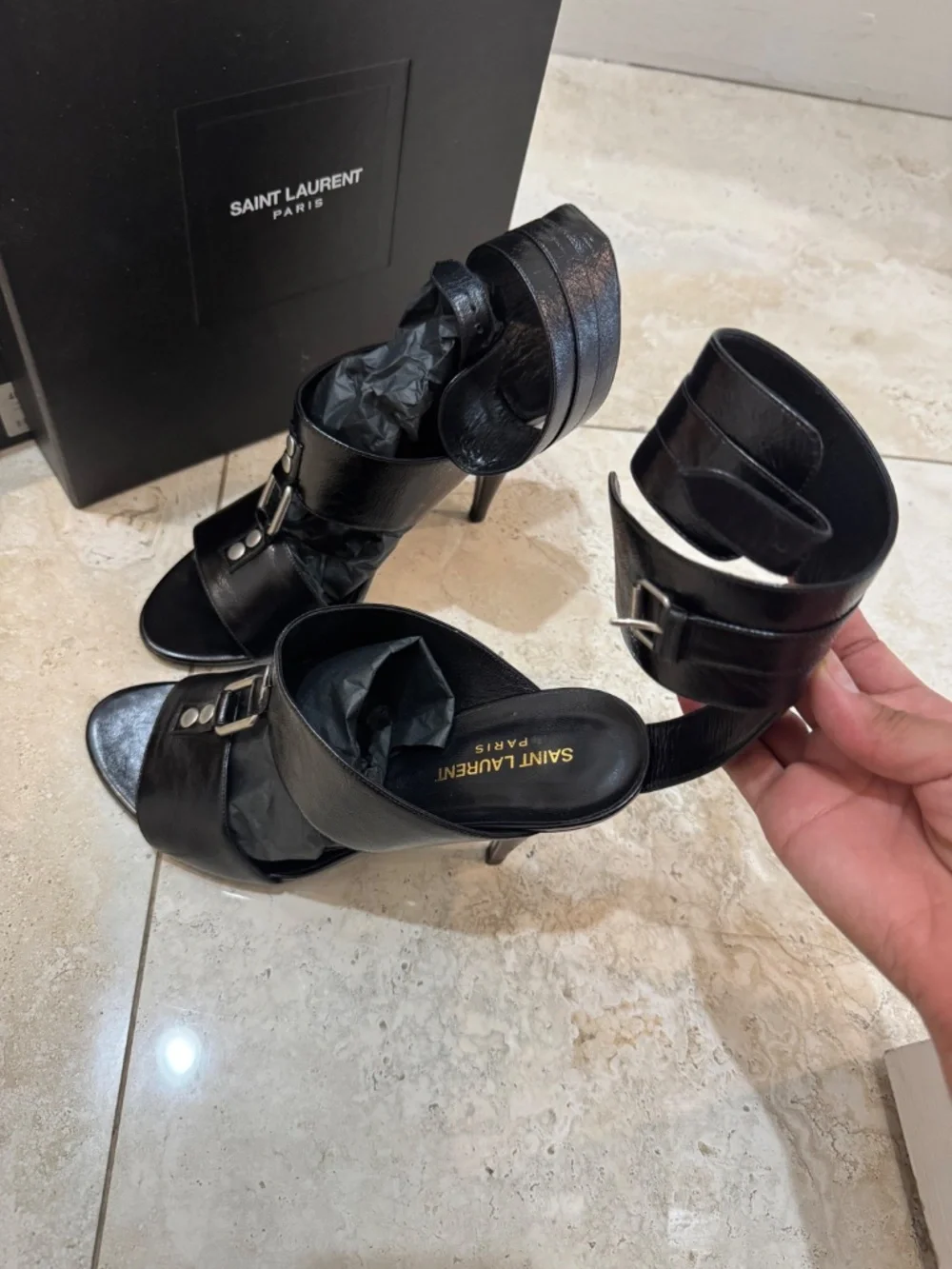 Saint Laurent Paris Black Leather Ankle Strap Stiletto Heels